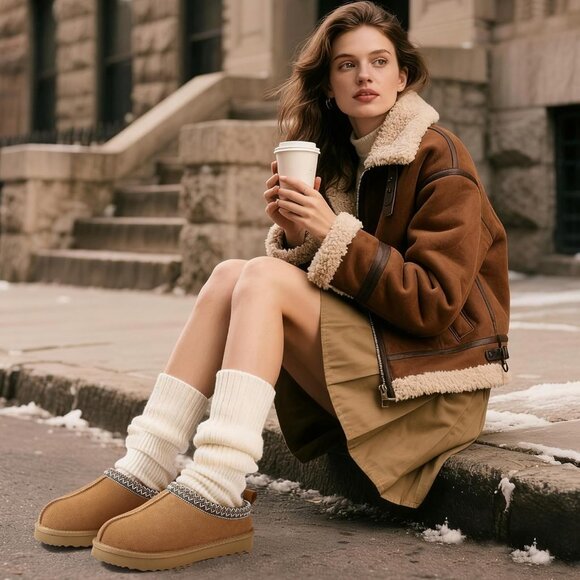 Women's Chestnut Suede Fuzzy Slippers for Winter Warm House Shoes Cozy Boots - Picture 8 of 8